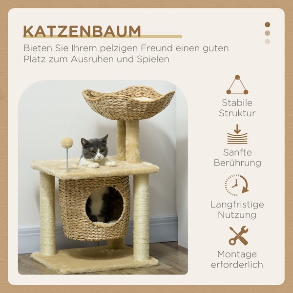 PawHut Katzen Kratzbaum Klein, 74 cm Katzenbaum mit Katzenhöhle, Spielball, Indoor Kletterturm mit Bett, Kratzmöbel für Katzen bis 5 kg, Beige