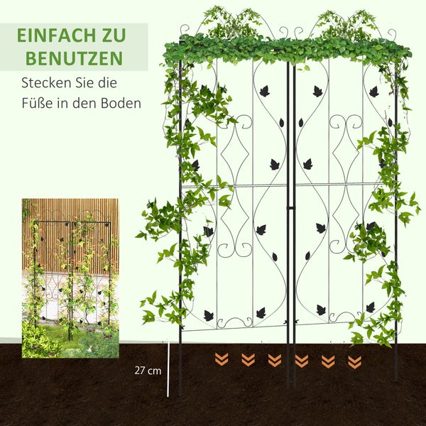 Rankgitter aus Metall mit Blattmotiven, Kletterpflanzen und Markierung für 27 Zentimeter Einstecktiefe im Erdboden.