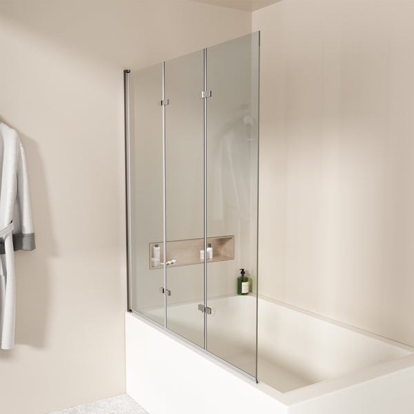 EMKE Duschwand für Badewanne 3-teilig 120x140 cm, Badewannenaufsatz, 6 mm ESG Sicherheitsglas mit Nano-Beschichtung, beidseitig schwenkbar, links/rechts montierbar, für Badezimmer