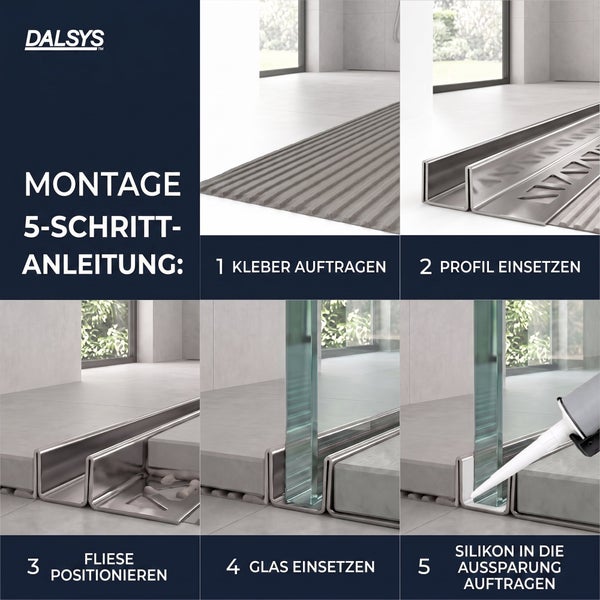 Dalsys Logo, Montageanleitung Duschglasprofil in fünf Schritten: Kleber auftragen, Profil einsetzen, Fliese verlegen, Glas einsetzen und Silikon.