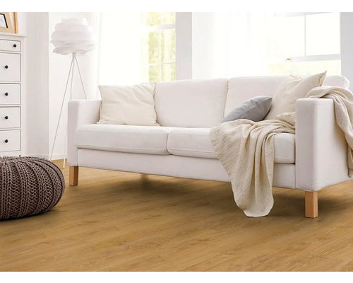 Wohnzimmer mit hellem Sofa, Kissen und Laminatboden.