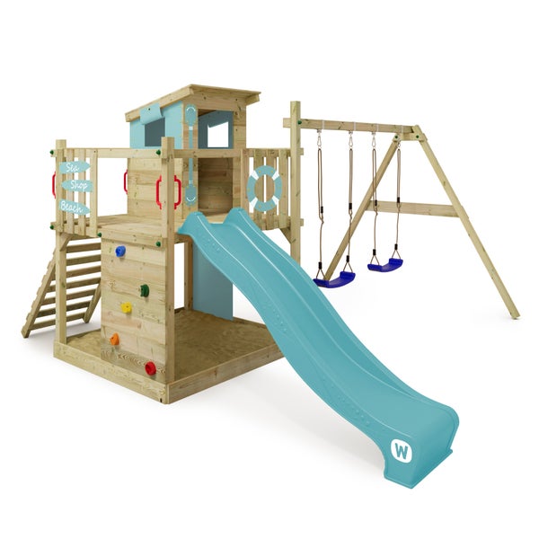 WICKEY Spielturm Klettergerüst Smart Camp mit Schaukel und Rutsche, Baumhaus mit Sandkasten, Kletterleiter und Spiel-Zubehör – pastellblau