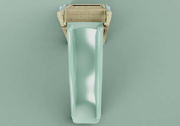 Kunststoffrutsche für Spielturm mit Holzpodest in der Draufsicht.