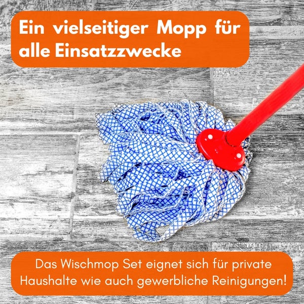 Mopp mit rotem Griff und blau-weißem Wischkopf