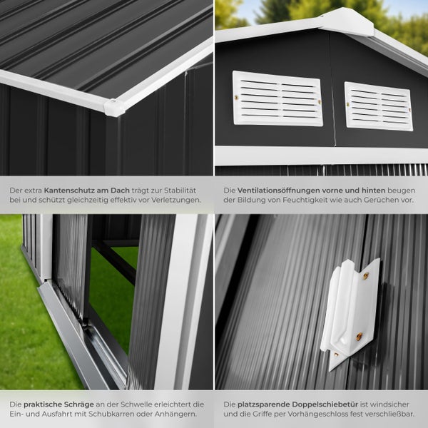 Detailaufnahmen eines Metallgerätehauses mit Kantenschutz am Dach, Lüftungsschlitzen, Türschwellenrampe und abschließbarem Schiebetürgriff.