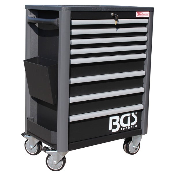 BGS Werkstattwagen aus Metall in Schwarz und Grau mit sieben Schubladen, Lenkrollen und Schloss.