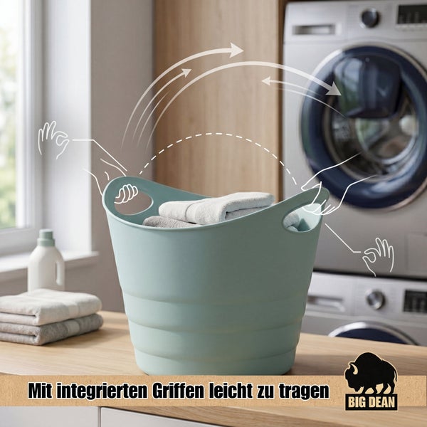 Wäschekorb aus Kunststoff mit integrierten Tragegriffen für leichten Transport, auf einer Arbeitsplatte neben einer Waschmaschine.