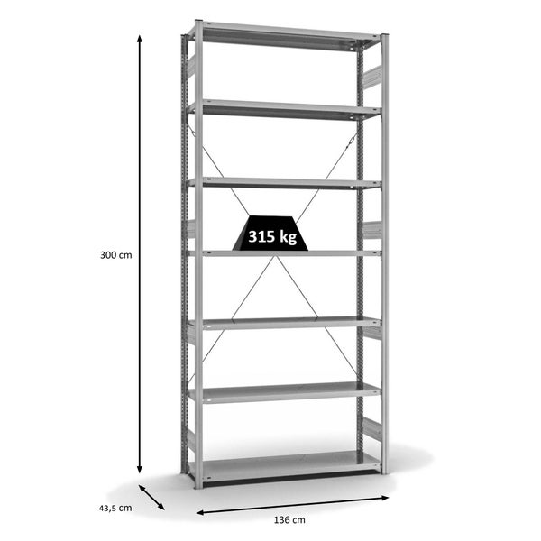 PROREGAL Fachbodenregal Stecksystem T-Profil Heavy-Duty Grundregal HxBxT 300 x 130 x 40 cm 7 Ebenen Fachlast 315 kg Einseitig Nutzbar Verzinkt
