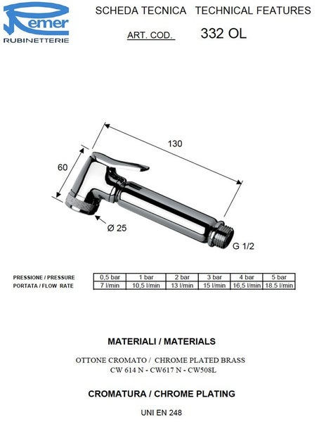 Technische Zeichnung einer Bidetdusche mit Maßangaben und Materialinformationen