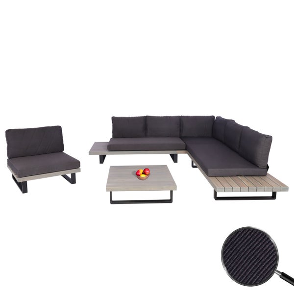 Garten-Lounge-Set aus Holz und Metall mit Ecksofa, Sessel, Tisch und grauen Polstern sowie Detailansicht der Stoffstruktur.