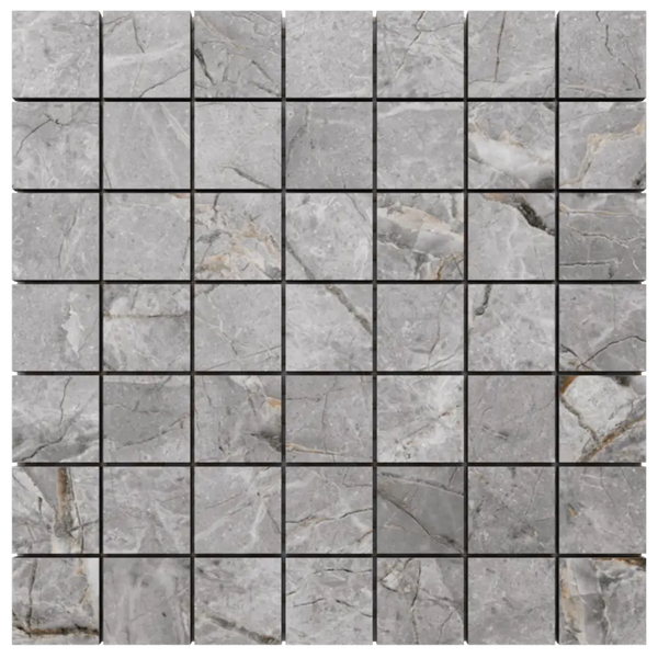 Graue Mosaikfliesen mit Natursteinoptik und Marmorierung im quadratischen Format.