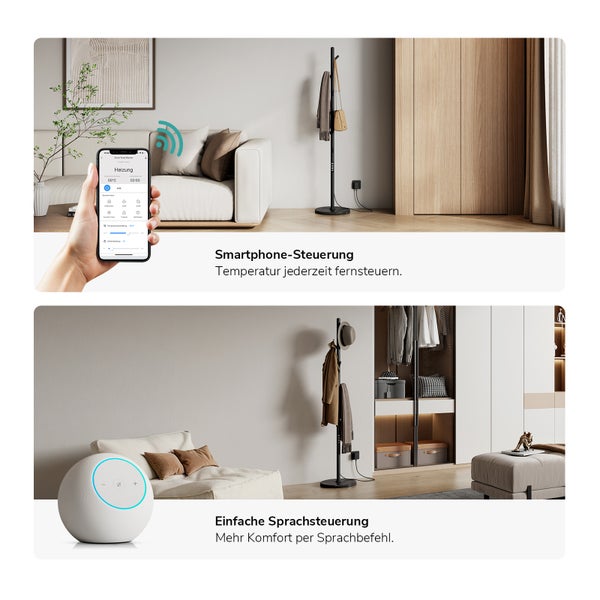 Smart Home Handtuchhalter mit Smartphone App Steuerung und Sprachsteuerung für bequeme Temperaturregelung im Wohnraum.