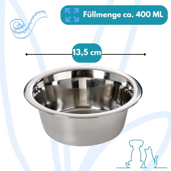 Edelstahlnapf mit einem Fassungsvermögen von circa 400 ml und einem Durchmesser von 13,5 cm.