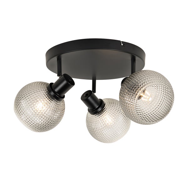 Schwarze Deckenleuchte mit drei Lampenschirmen aus strukturiertem Glas