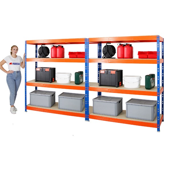 PROREGAL Mega Deal 2x Profi Schwerlastregal Rhino HxBxT 180 x 160 x 60 cm 4 Spanplatten-Ebenen 16mm Fachlast 500 kg Blau-Orange