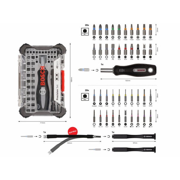 Bosch Präzisionsschraubendreher-Set mit 42 Teilen und verschiedenen Schraubendreheraufsätzen