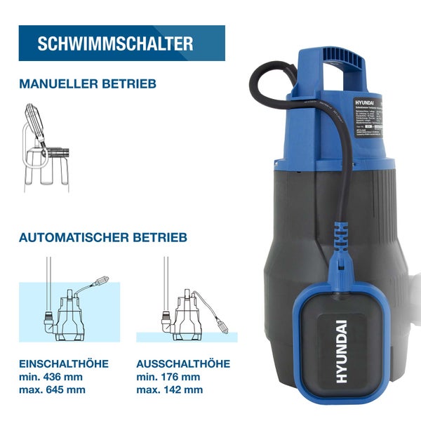 Hyundai Schmutzwasser-Tauchpumpe mit Schwimmschalter und Hyundai Logo. Grafiken zeigen manuellen und automatischen Betrieb sowie Schalthöhen in Millimeter.