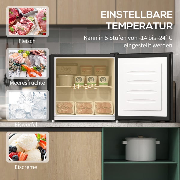 Kleiner Gefrierschrank mit einstellbarer Temperatur von minus 14 bis minus 24 Grad Celsius für Fleisch, Meeresfrüchte, Eiswürfel und Eiscreme.