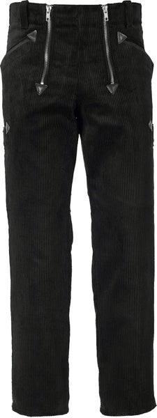 Schwarze Zunfthose aus Trenkerkord mit zwei vorderen Reißverschlüssen und Lederverstärkungen an den Taschenecken.
