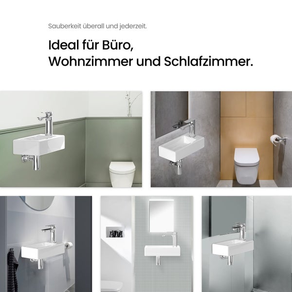 EMKE Waschbecken Keramik 370 × 178 mm, Rechteck, glänzend Weiß, Höhe 95 mm, mit Bohrung rechts für Wasserhahn, Wandmontage, Handwaschbecken, Wandwaschbecken für Badezimmer und Gäste-WC