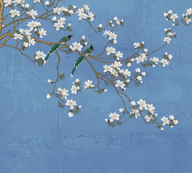 Illustration von Zweigen mit Blüten und Vögeln auf gemustertem Hintergrund