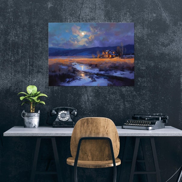 Gemälde mit Flusslandschaft, Haus und Mond über einem Schreibtisch mit Pflanze, Telefon, Stuhl und Schreibmaschine