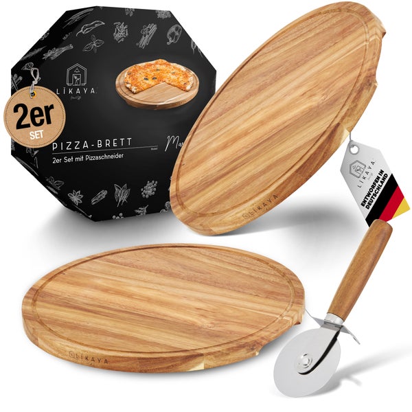 LIKAYA® Pizzabrett/Pizzateller 2er-Set rund ⌀35cm – FSC-Akazienholz mit Pizzaschneider | Perfekt für Pizza, Kuchen, Brotzeit & Käseplatte