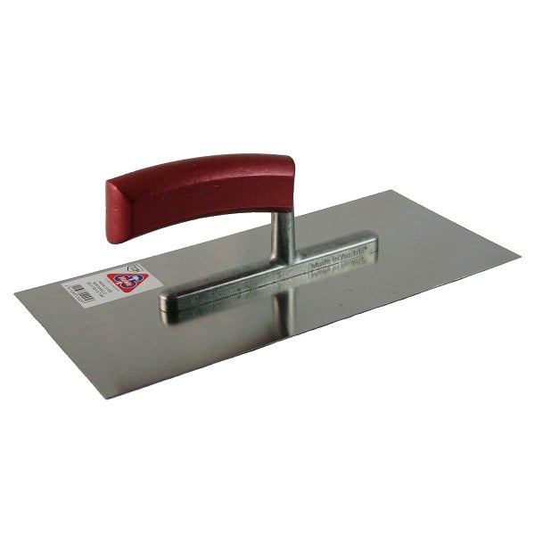 Glättkelle aus rostfreiem Stahl mit ergonomischem Griff für Verputzarbeiten.