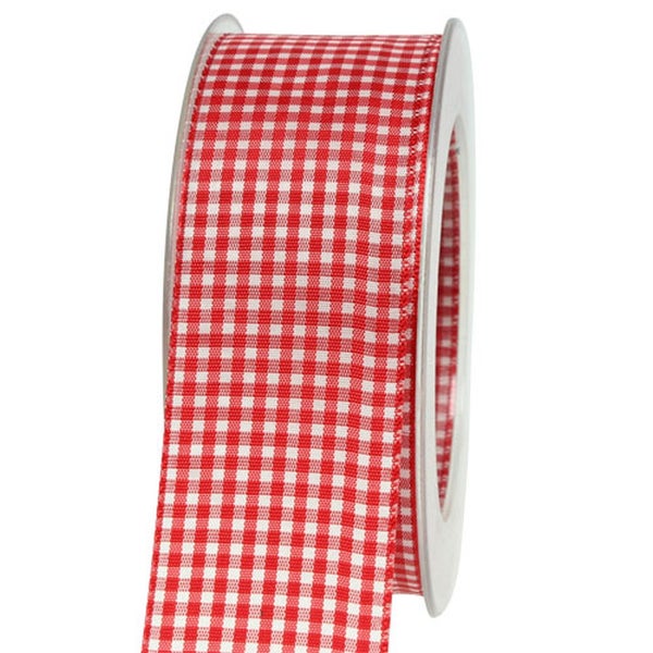 Dekoratives Geschenkband mit rot-weißem Karomuster auf einer Rolle