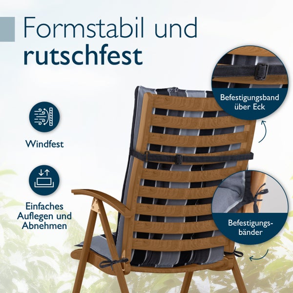 Gartenstuhlauflage mit Befestigungsband über Eck und Befestigungsbändern windfest, formstabil und rutschfest