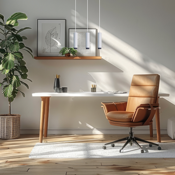 Ein helles Arbeitszimmer mit Schreibtisch, Bürostuhl und Pendelleuchten