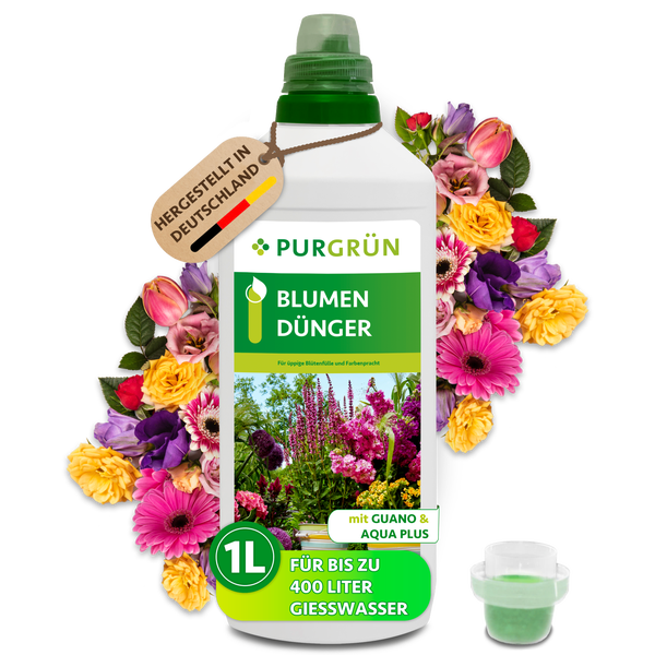 Purgrün Blumendünger flüssig 1 Liter mit Guano und Aqua Plus für bis zu 400 Liter Gießwasser, hergestellt in Deutschland.