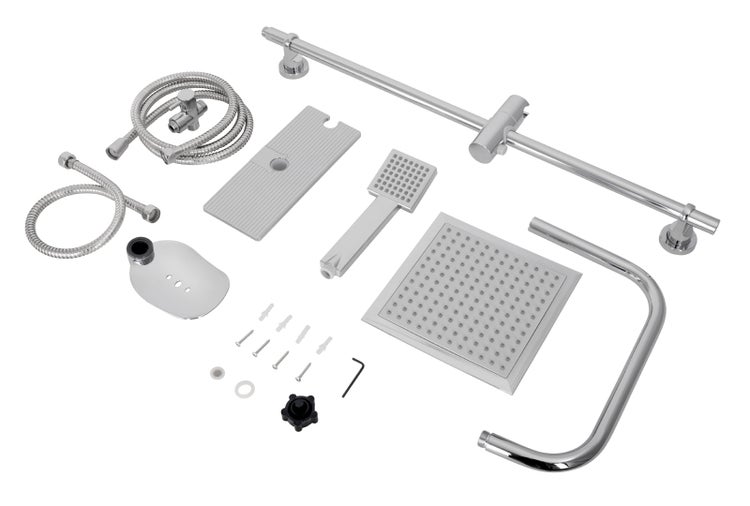aquaSu® Basic Duschsystem 914 | Ø 7,5 cm Handbrause mit Regenstrahl | Ø 20 x 20 cm Kopfbrause | Anti-Kalk | Wassersparend | 95 cm Duschstange | Metall-Brauseschläuche Typ 1/2  | Chrom | 727914