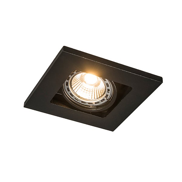 Quadratischer Einbaustrahler in Schwarz mit eingeschaltetem Leuchtmittel.