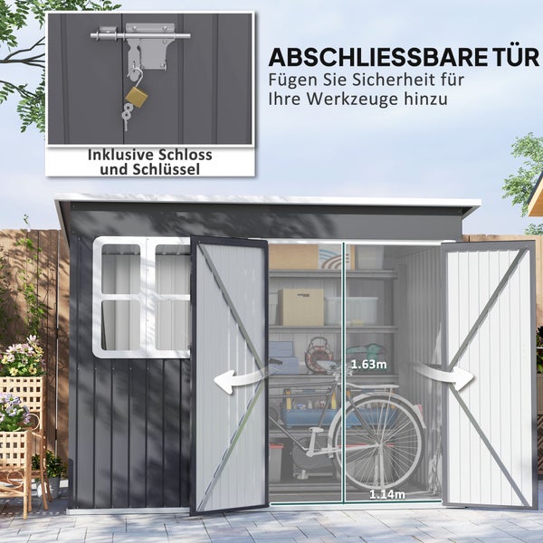 Outsunny Gerätehaus 4,13 m³, Gartenhaus, 260 x 177 x 190 cm, Geräteschuppen mit Fenster, Abschließbar Tür, Fahrradgarage, Gartenschrank aus Stahl, für Hinterhof, Garten, Dunkelgrau