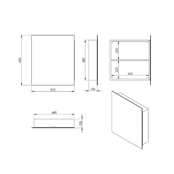 Technische Zeichnung eines Spiegelschranks mit Massen in Millimeter. Höhe 600, Breite 510, Tiefe 106.