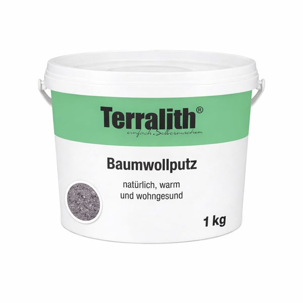 Terralith Baumwollputz, 1 Kilogramm Eimer. Terralith Logo.