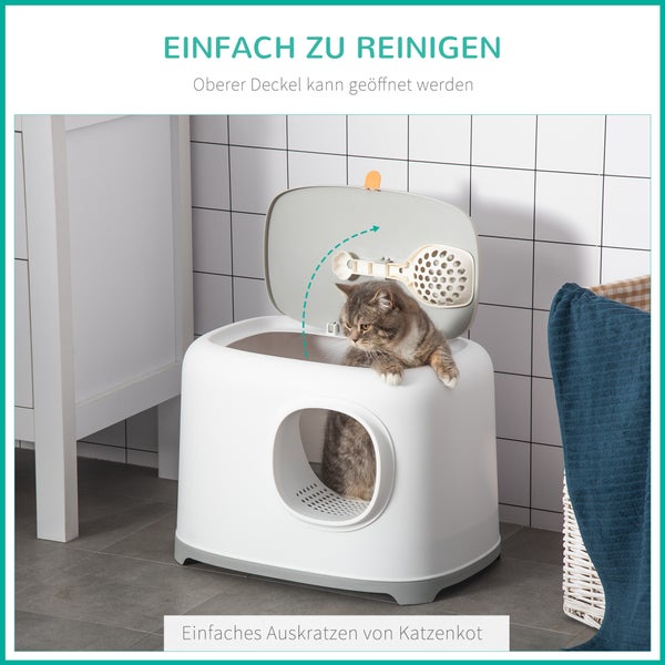 PawHut Katzentoilette, 55L x 40B x 39H cm, kunststoff, Weiß+Hellgrau