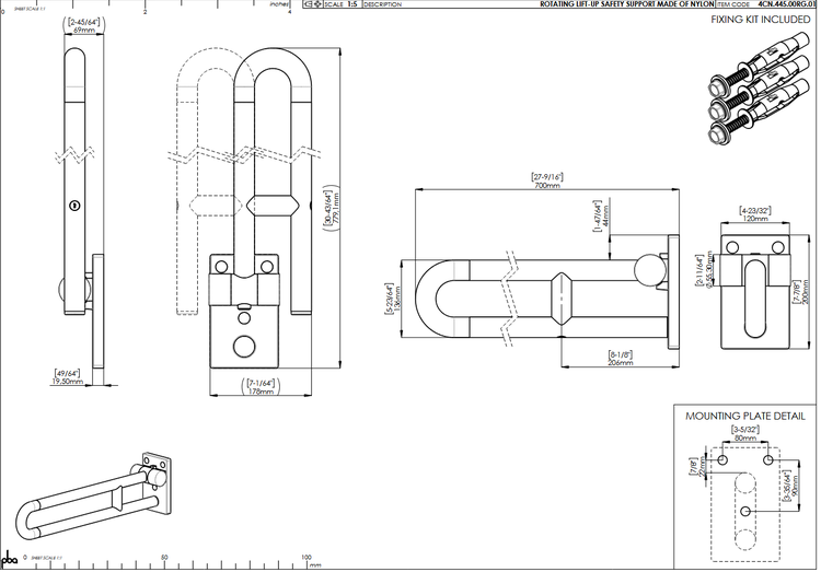 Technische Zeichnung eines hochklappbaren Stützklappgriffs aus Nylon, 700 Millimeter Länge, inklusive Maßangaben und Montagesatz.