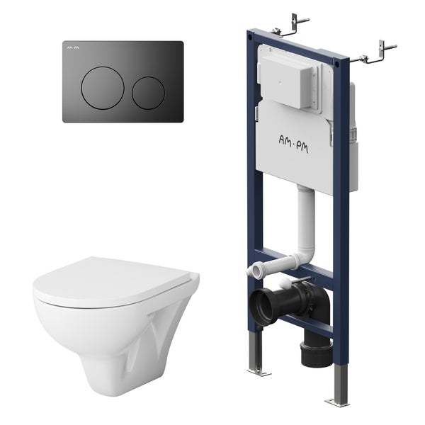 AM.PM Wand-WC Set Tiefspüler offener Spülrand weiß glänzend mit WC-Sitz , Vorwandelement und Betätigungsplatte schwarz IIS90138.TA1700