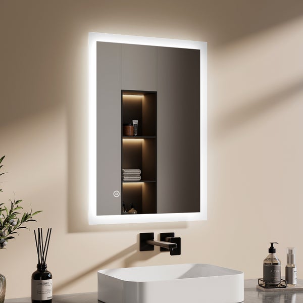 EMKE Badspiegel mit Beleuchtung 70×50 cm, Kaltweiß, Touchschalter & dimmbar, 4 mm rostfreier Spiegel, IP44, horizontal & vertikal montierbar, für Badezimmer