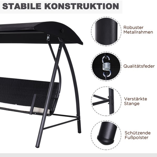 Outsunny Hollywoodschaukel, 3-Sitzer, mit Dach, 198 x 124 x 179 cm, Polyrattan+Metall, Schwarz