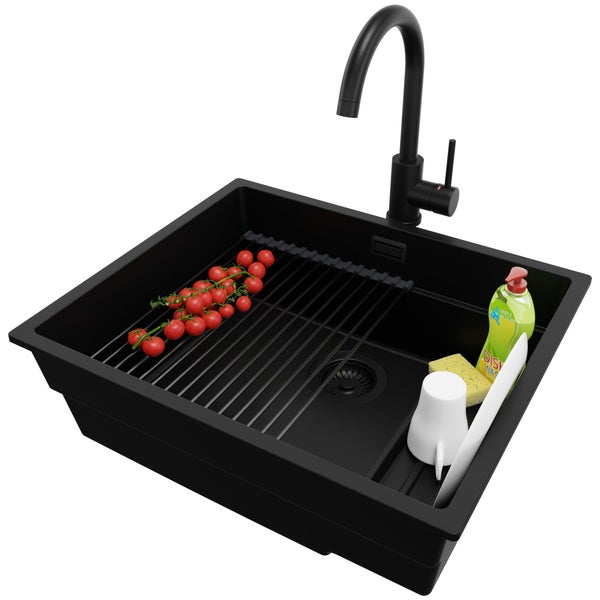 PRIMAGRAN Granitspüle Alles Schwarz 56x47cm, Spülbecken 1 Becken + Küchenarmatur 32x20cm + Ablauf-Set + Aufrollbare Abtropffläche, Küchenspüle ab 60er Unterschrank - Praga Slim