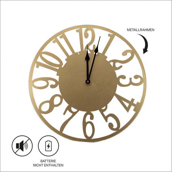 Runde Wanduhr aus Metall mit ausgeschnittenen Ziffern, geräuschlosem Uhrwerk, Batterie nicht enthalten.