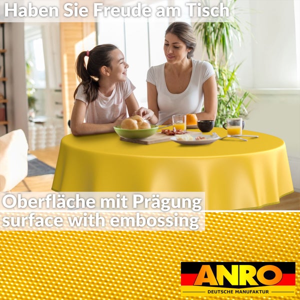 Szene mit einem gelben Tischbelag, auf dem Geschirr steht, und dem ANRO Deutsche Manufaktur Logo