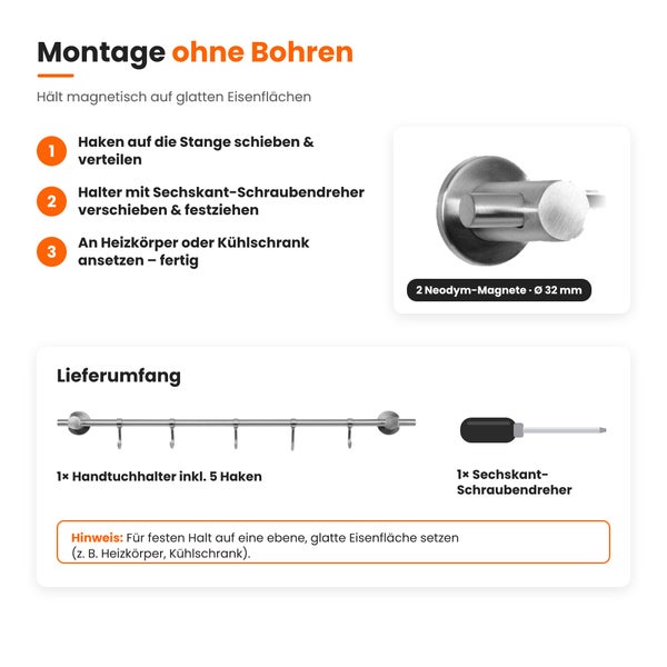 Infografik zur Montage und zum Lieferumfang eines magnetischen Handtuchhalters mit fünf Haken und beiliegendem Sechskantschraubendreher.