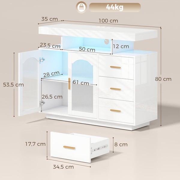 Weißes Sideboard mit Glasfronten, drei Schubladen mit goldenen Griffen und Beleuchtung. Maße 100 mal 80 mal 35 Zentimeter. Tragkraft 44 Kilogramm.