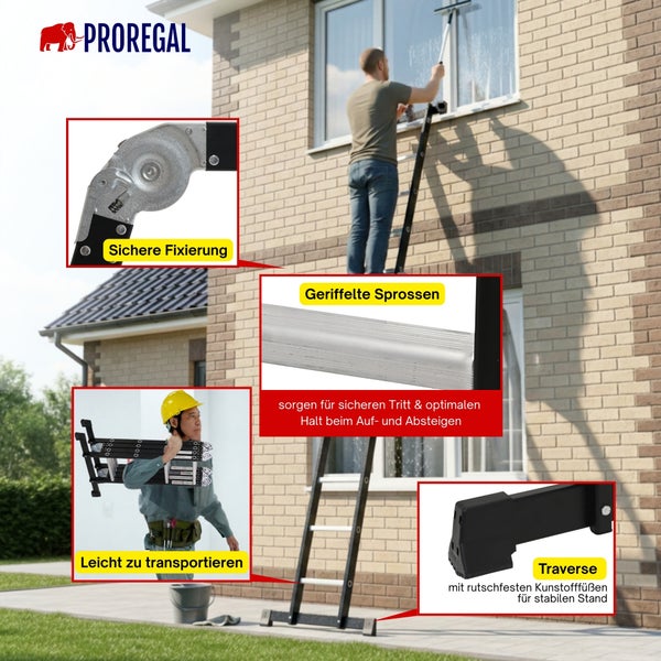 Proregal Mehrzweckleiter beim Fensterputzen mit Details zu Gelenk, Sprossen, Transport und Traverse mit Kunststofffüßen für stabilen Stand.
