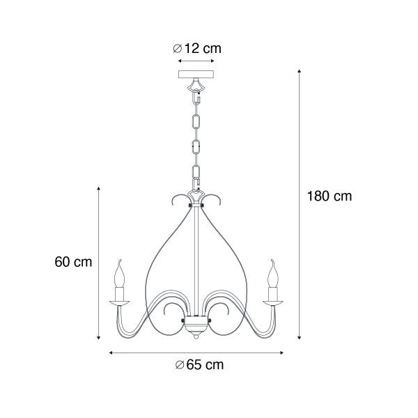 Technische Zeichnung einer Pendelleuchte mit den Maßen: Durchmesser der Deckenbefestigung 12 cm, Höhe 180 cm, Höhe der Leuchte 60 cm, Durchmesser der Leuchte 65 cm