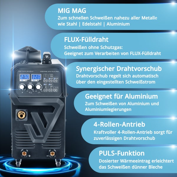 Stahlwerk MIG MAG 270 PULS PRO Schweißgerät für Stahl, Edelstahl und Aluminium mit Flux-Fülldraht, synergischem Drahtvorschub, 4-Rollen-Antrieb und Puls-Funktion.